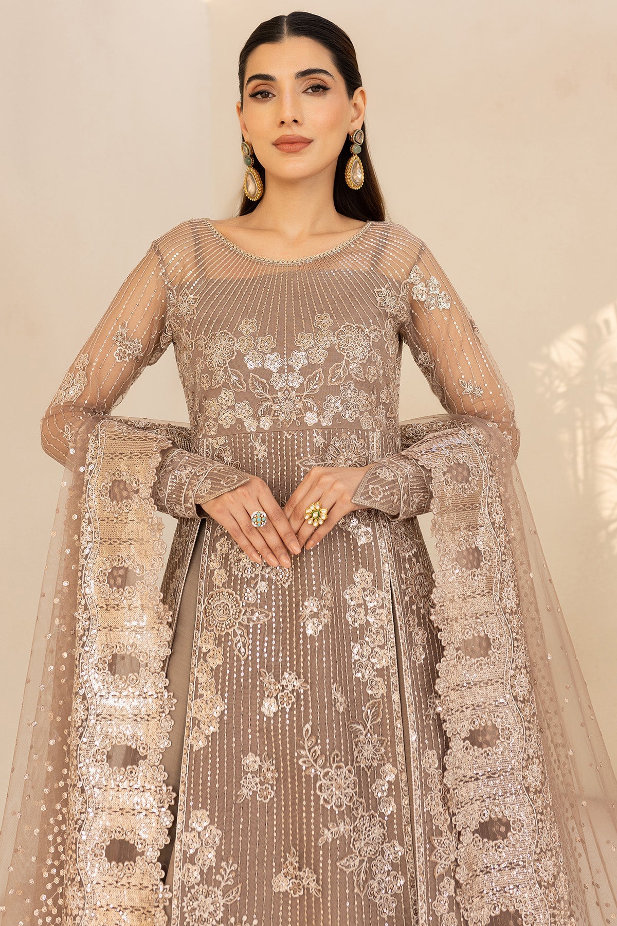 Elegant Misty Grace outfit by Farasha with organza borders and raw silk trouser