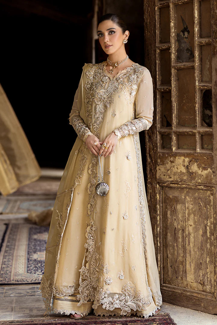 Embroidered front view of WN-07 HEELA chiffon shirt by Qalamkar
