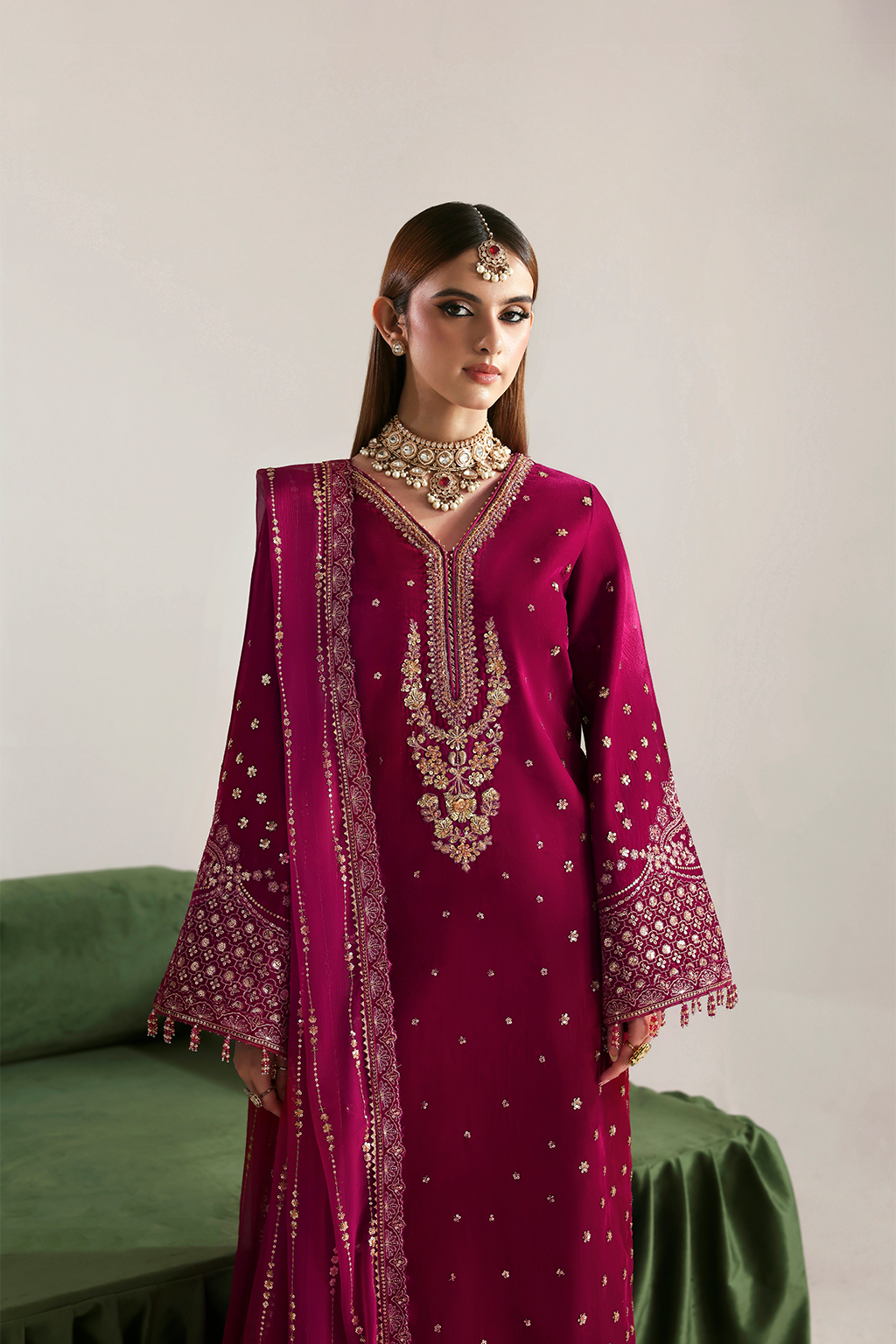 Emaan Adeel Shahnaz embroidered velvet dress with zari and pearls