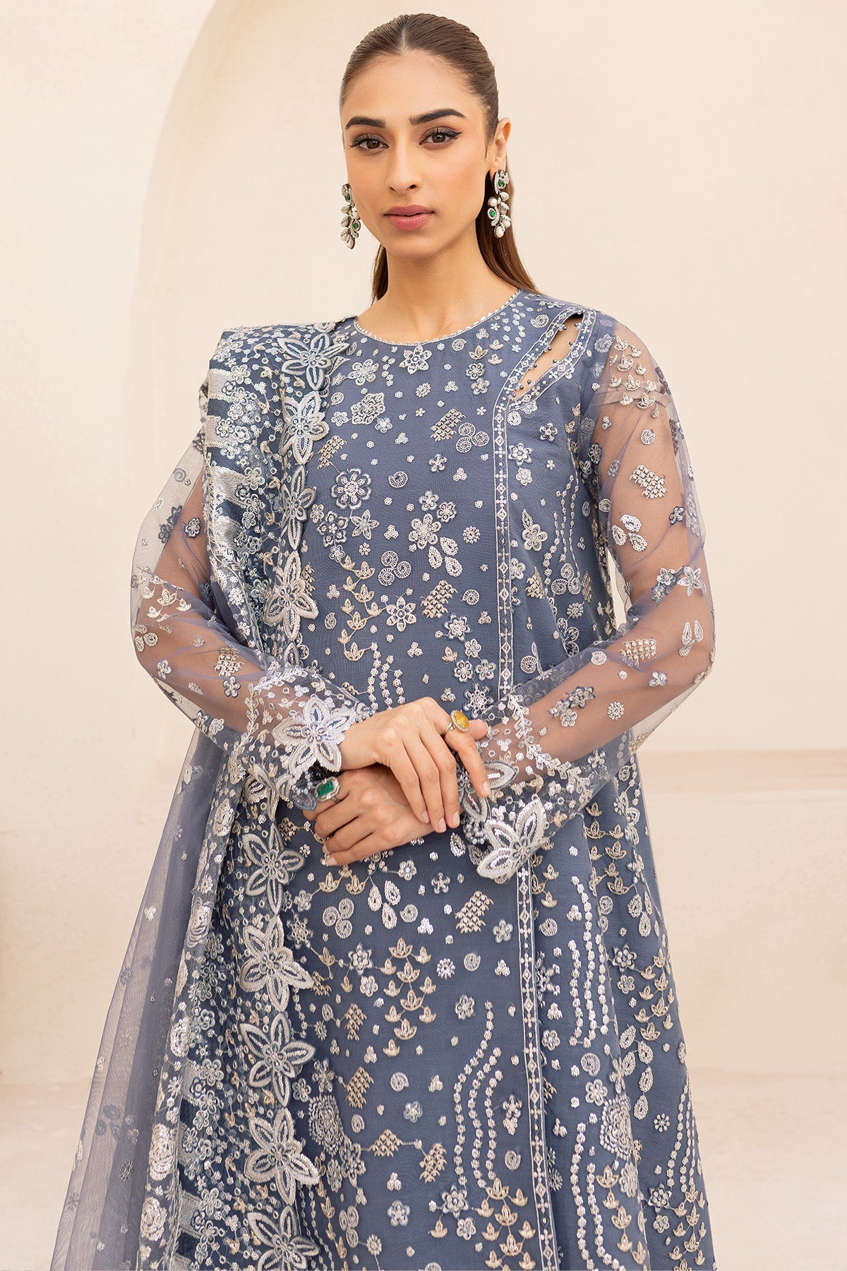 Dusky Shadow black embroidered formal wear by Farasha, available at Highway Fashion