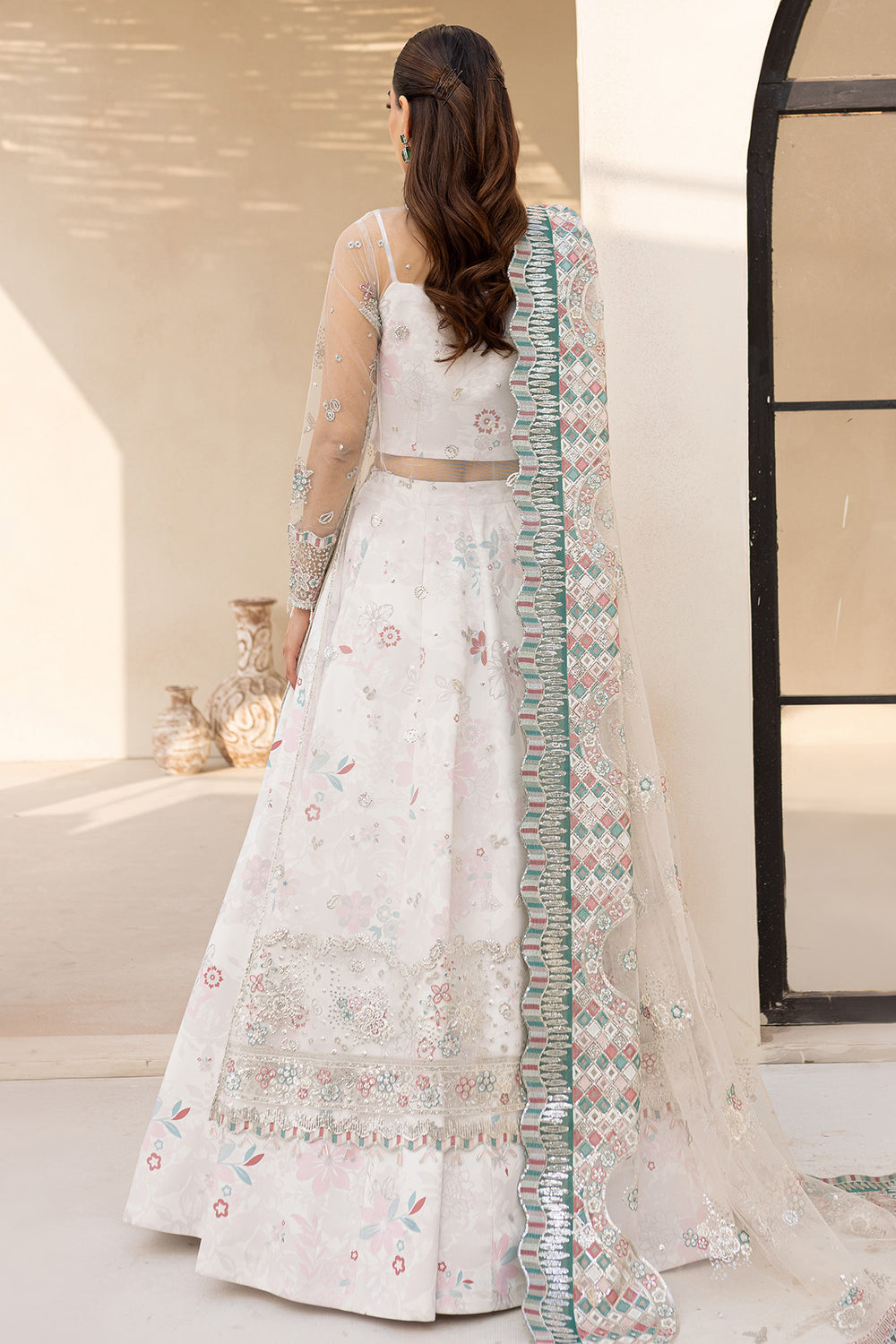 Elegant Farasha Moonlight Mist embroidered net dress with raw silk trouser