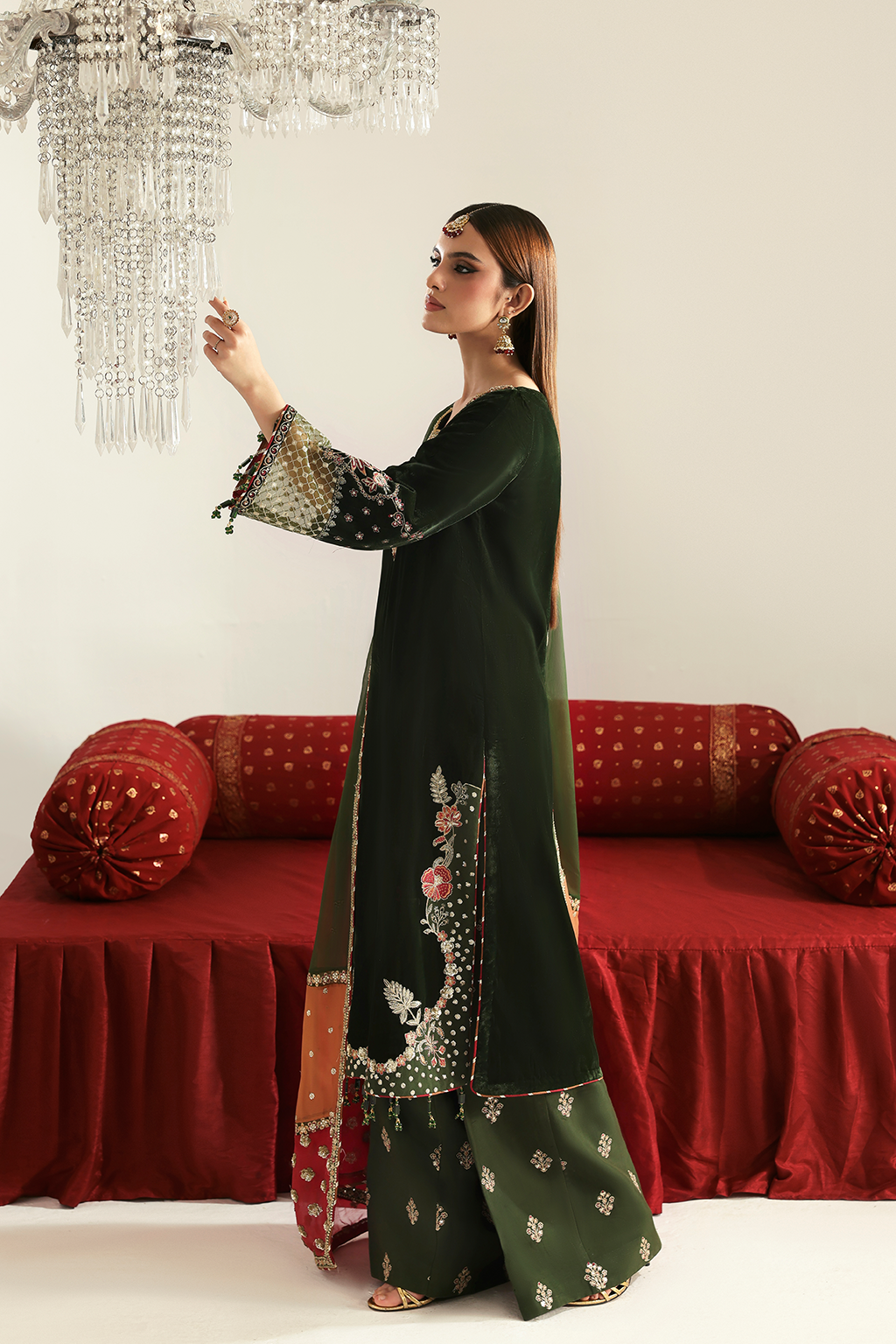 Olive green velvet luxury formal dress by Emaan Adeel Pakistan