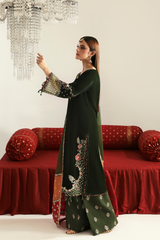 Olive green velvet luxury formal dress by Emaan Adeel Pakistan