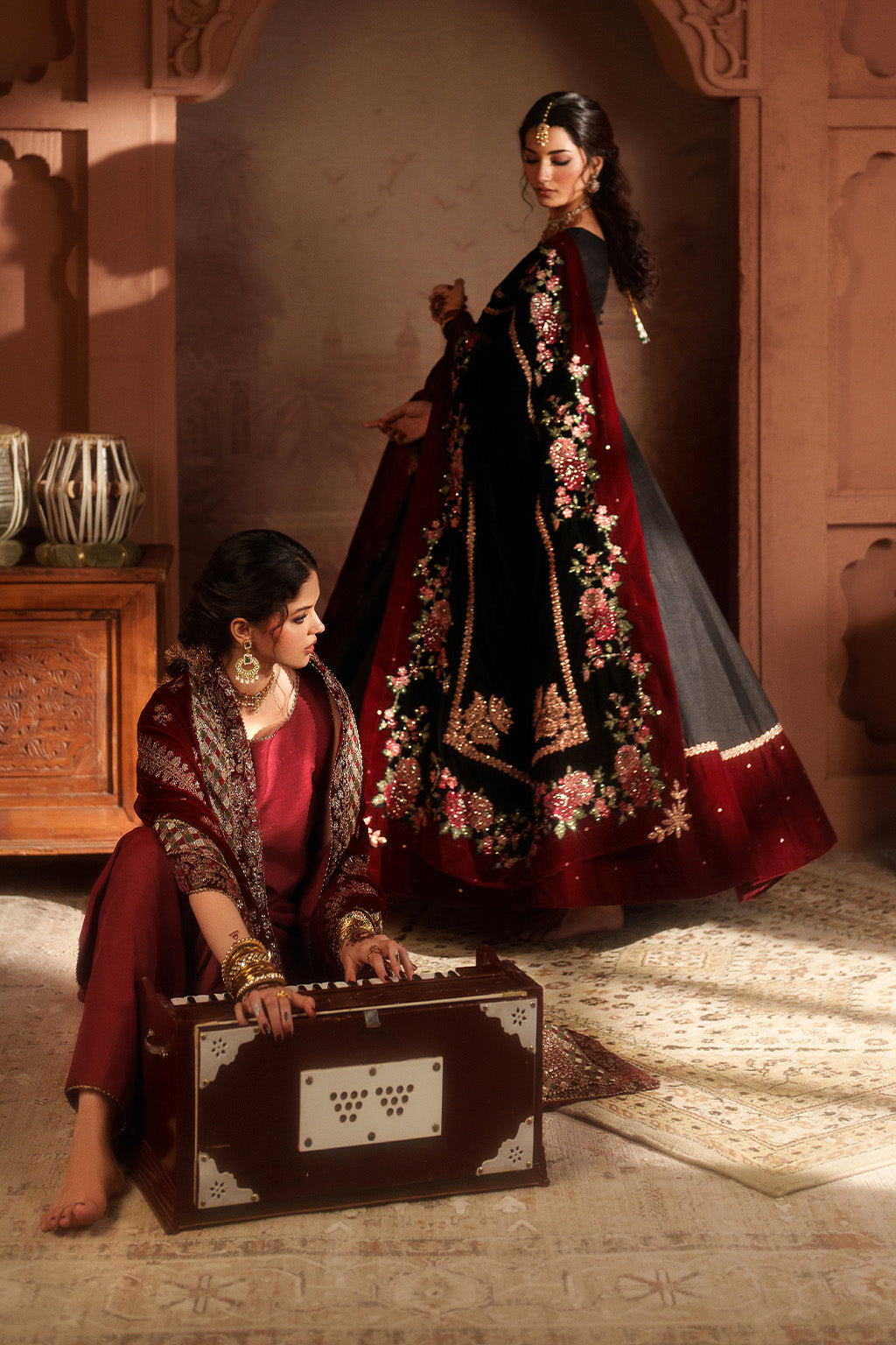 Black velvet frock with maroon border Pakistan