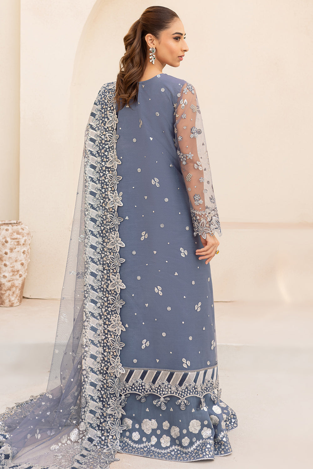 Luxury embroidered Farasha Dusky Shadow dress in net and raw silk trouser