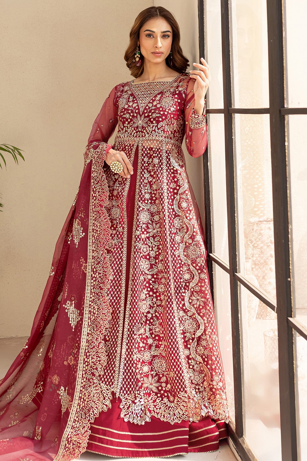 Elegant Farasha Carmine Allure embroidered net dress with raw silk trouser