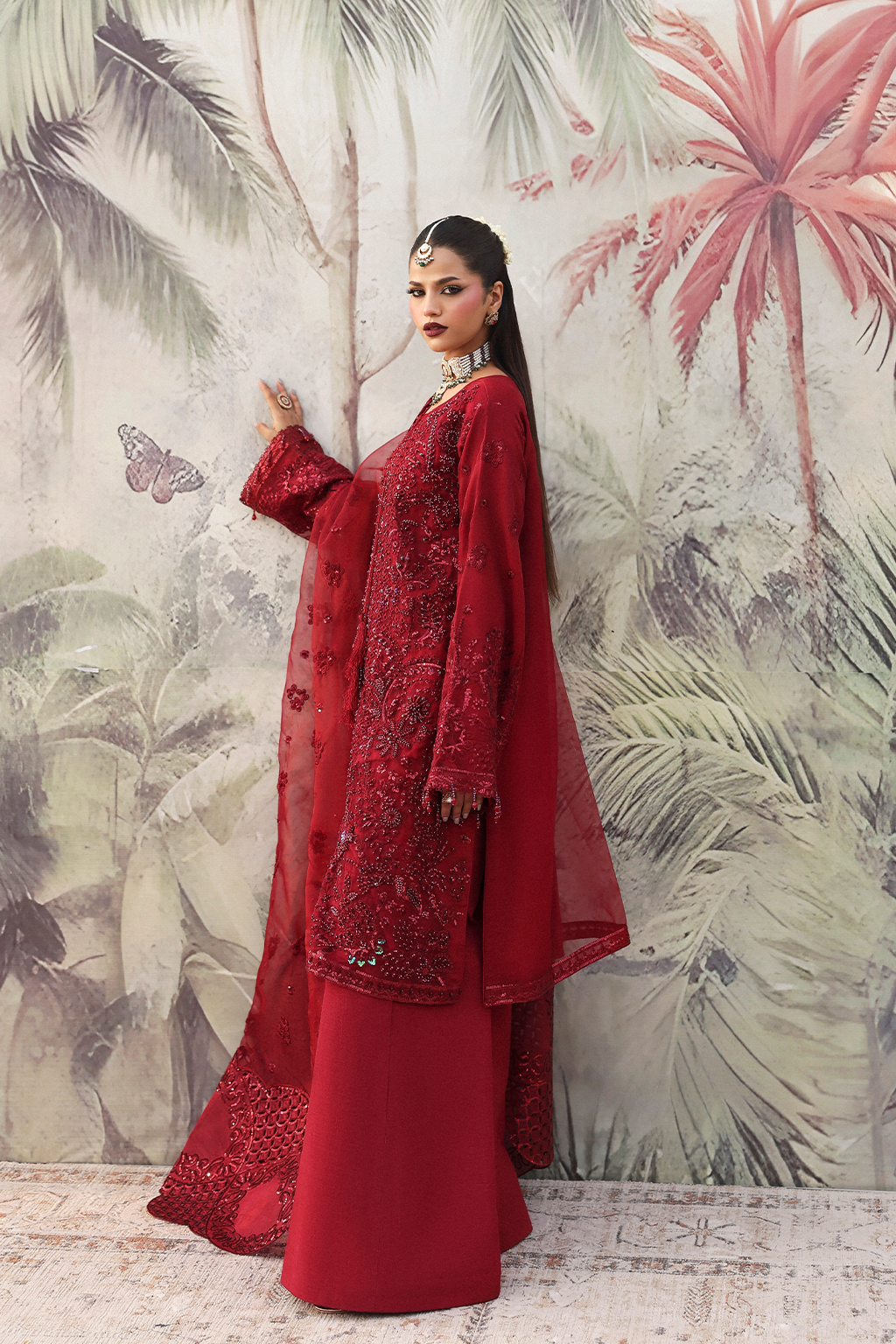 Full front view of NOORMAHAL red luxury outfit 2025