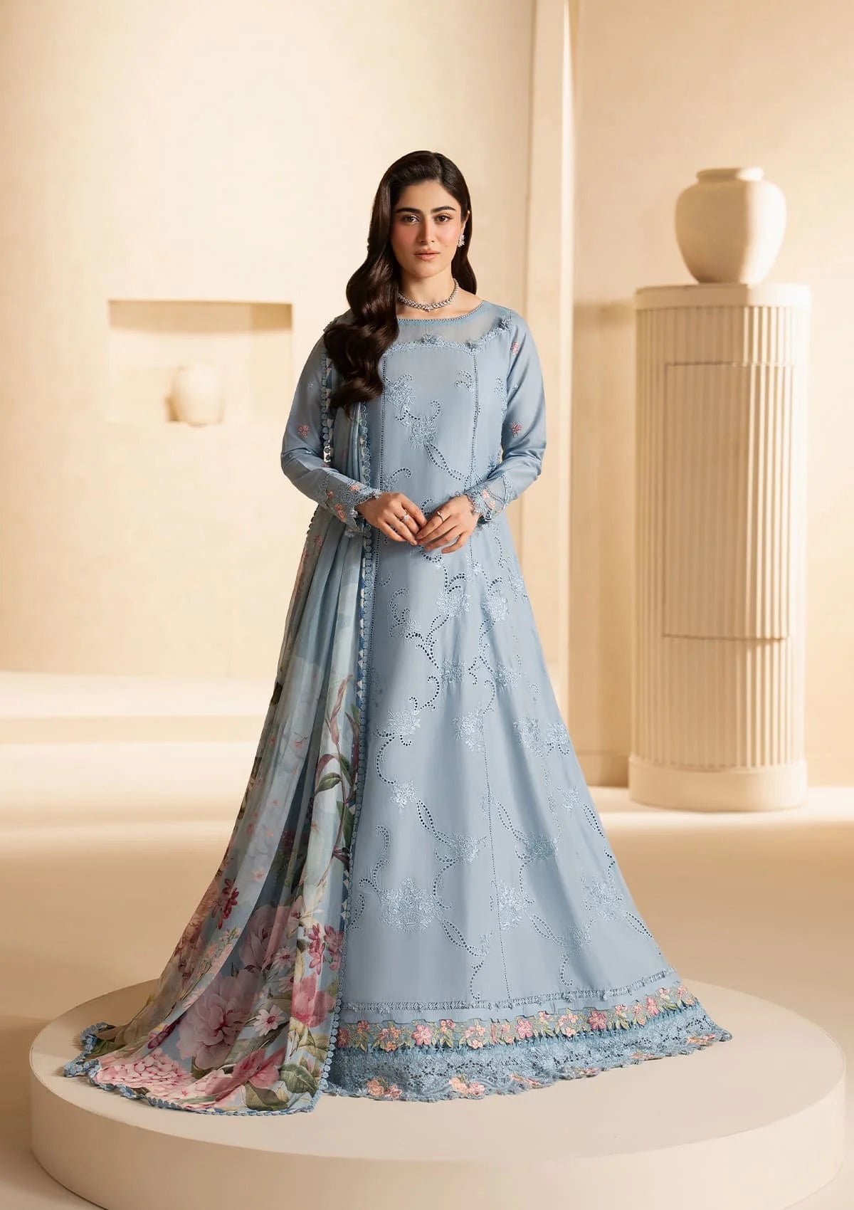 Elaf E-CRAFT - CHIKANKARI LAWN WITH CHIFFON DUPATTA '26 | EHC-5B PACIFIC
