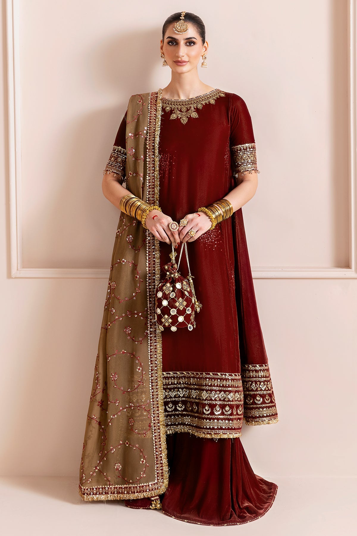 Jazmin Velvet Formal Embroidered D-13 deep maroon velvet 3-piece suit with detailed embroidery – Highway Fashion Pakistan.
