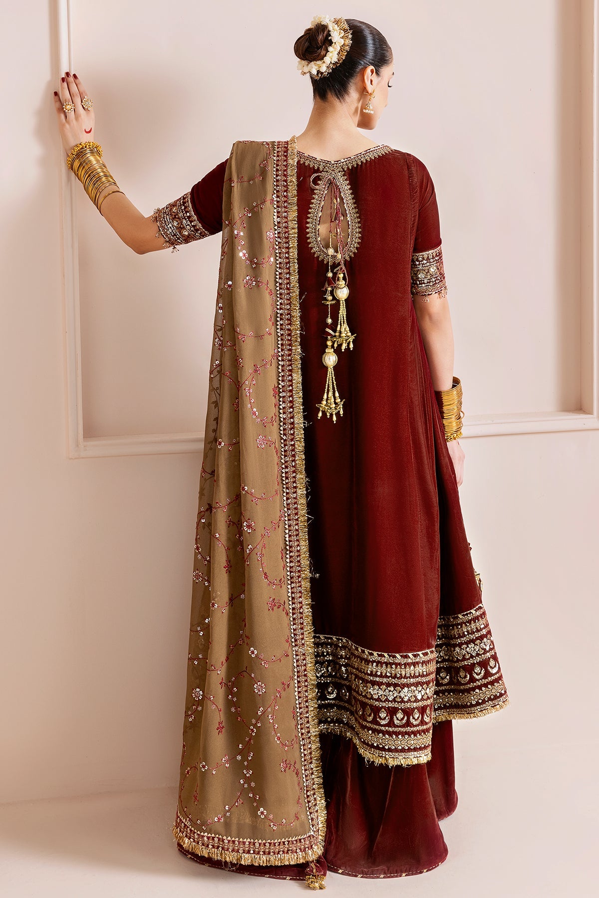 Jazmin Velvet Formal Embroidered D-13 deep maroon velvet 3-piece suit with detailed embroidery – Highway Fashion Pakistan.