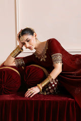 Jazmin Velvet Formal Embroidered D-13 deep maroon velvet 3-piece suit with detailed embroidery – Highway Fashion Pakistan.
