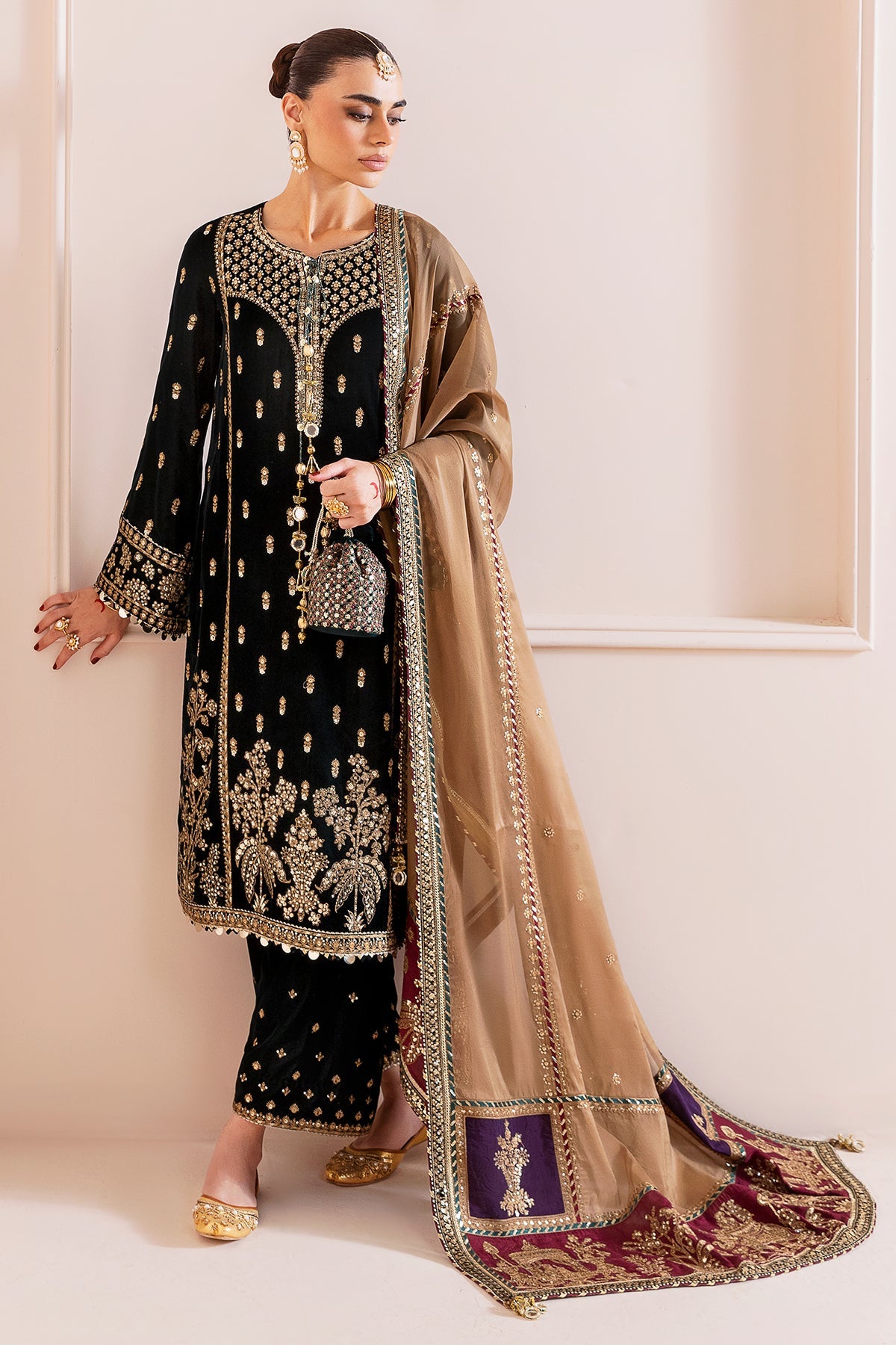 Jazmin Velvet Formal Embroidered CVF D-01 maroon velvet embroidered party wear suit – Highway Fashion.