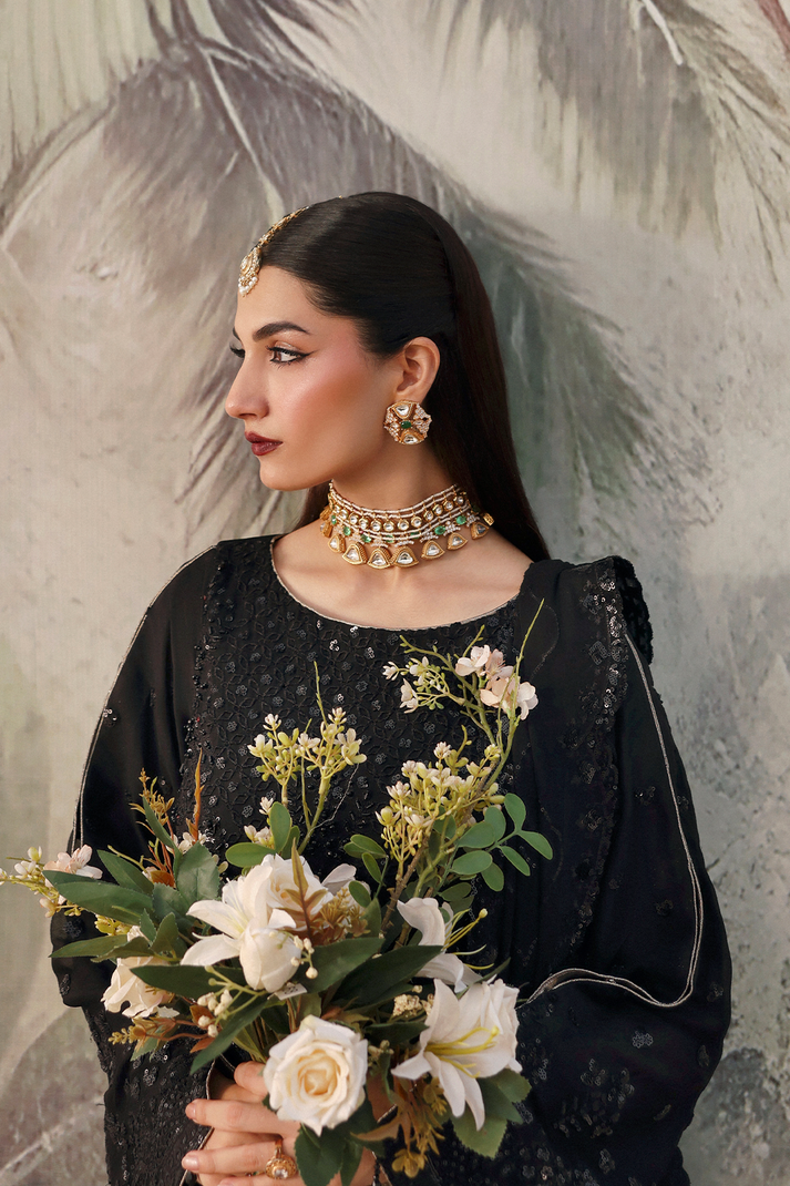 ZAREENAH black chiffon embroidered formal dress Highway Fashion
