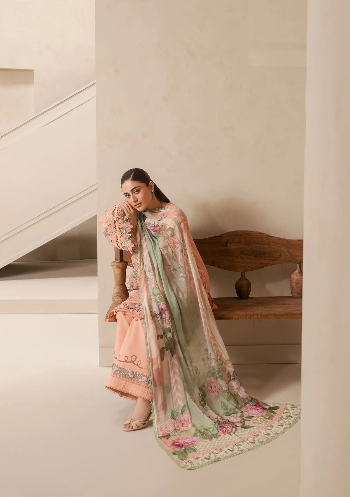 Elaf E-CRAFT - CHIKANKARI LAWN WITH CHIFFON DUPATTA '26 | EHC-3B DUSTROSE