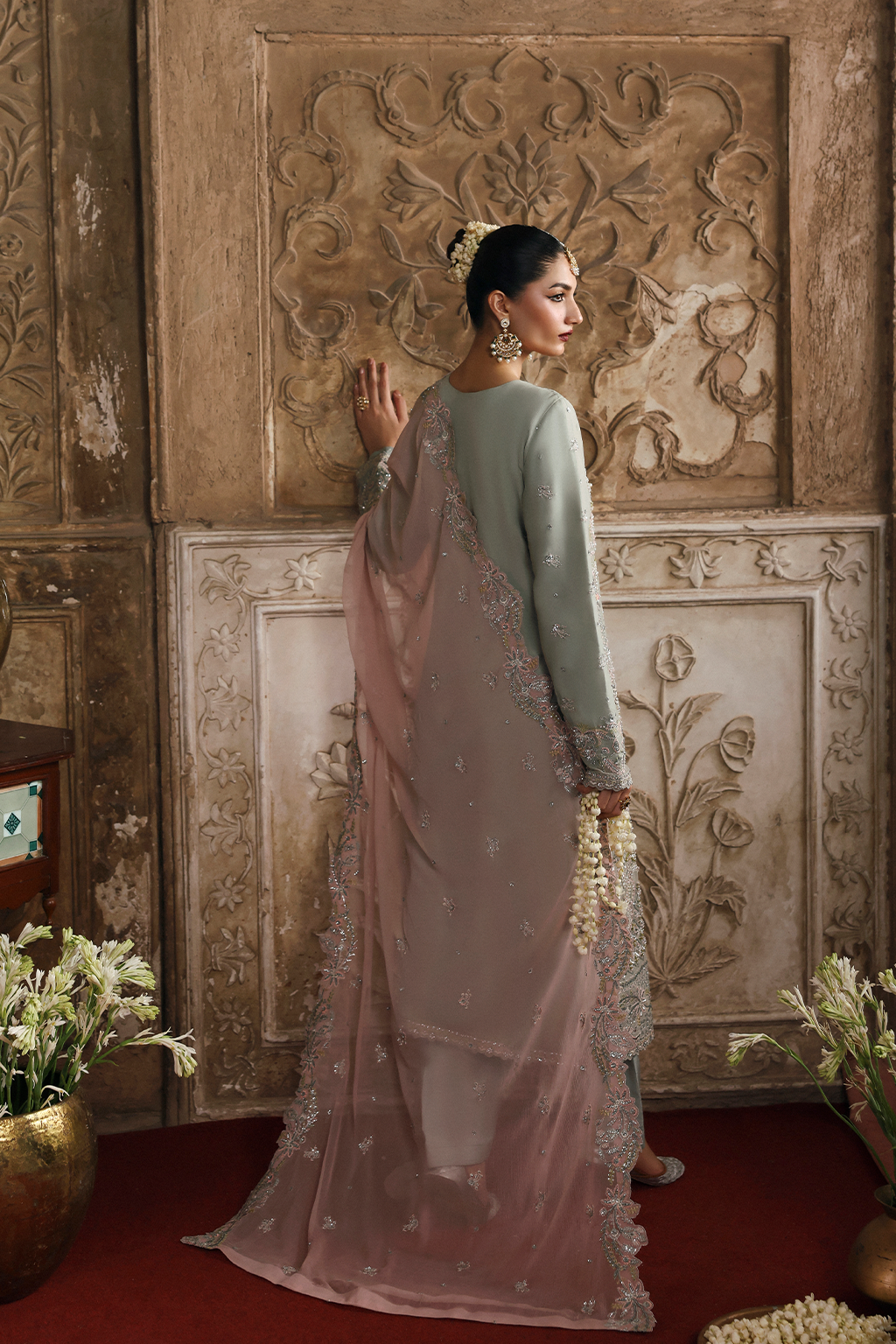 Embroidered sleeves and borders on MAHPARI pista chiffon