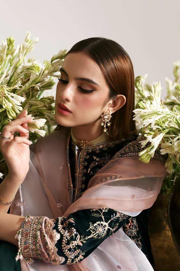 Mehrunisa embroidered maroon velvet formal outfit by Emaan Adeel
