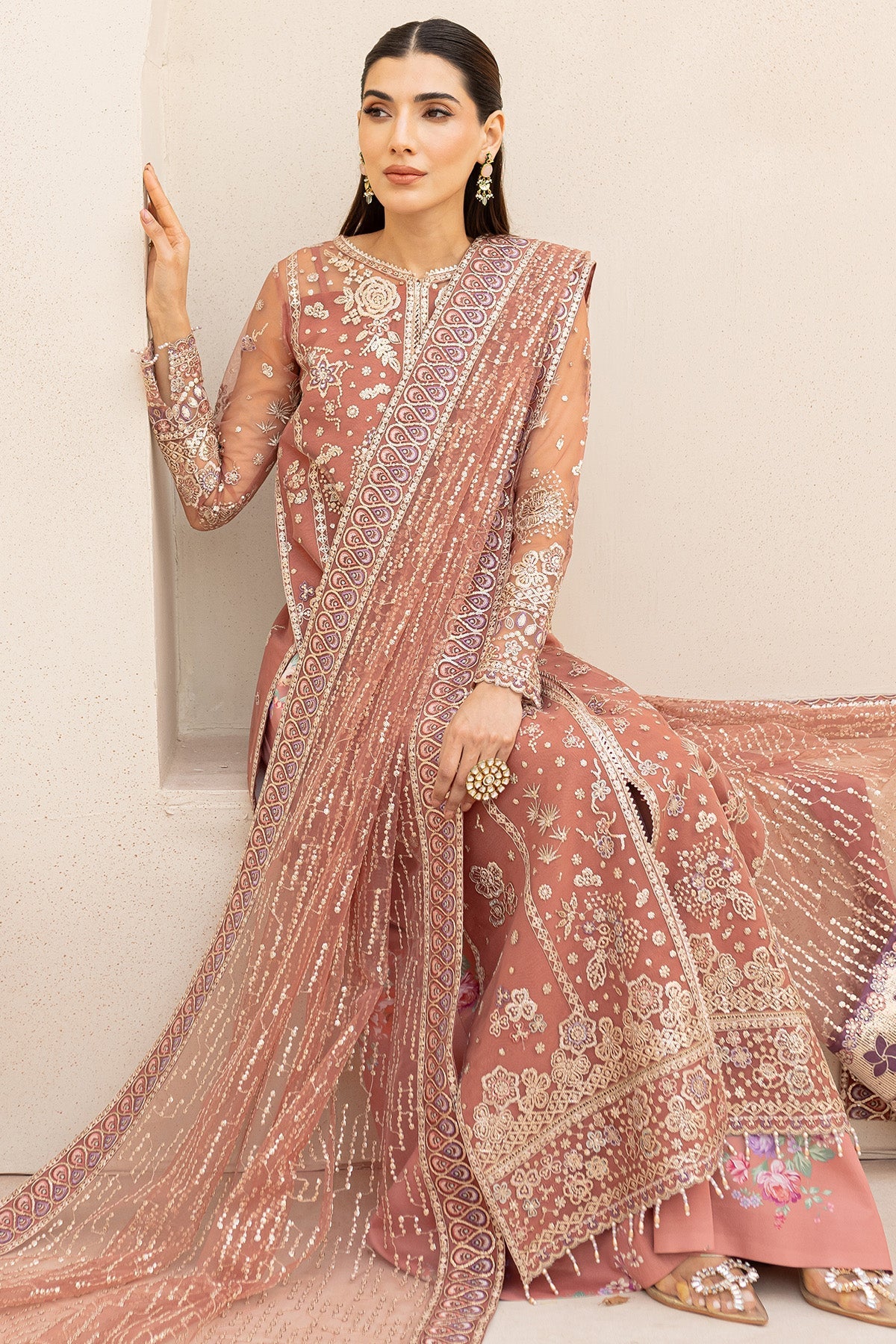 Farasha Premium Formals 2025 – Vintage Rose net ensemble with chiffon dupatta