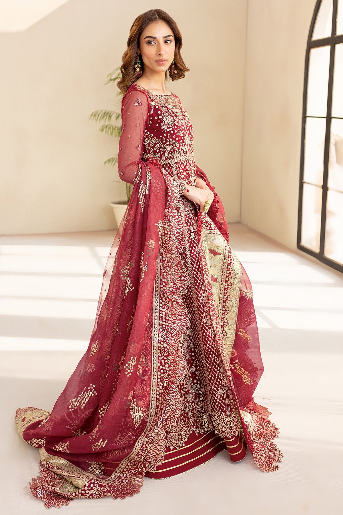Elegant Farasha Carmine Allure embroidered net dress with raw silk trouser