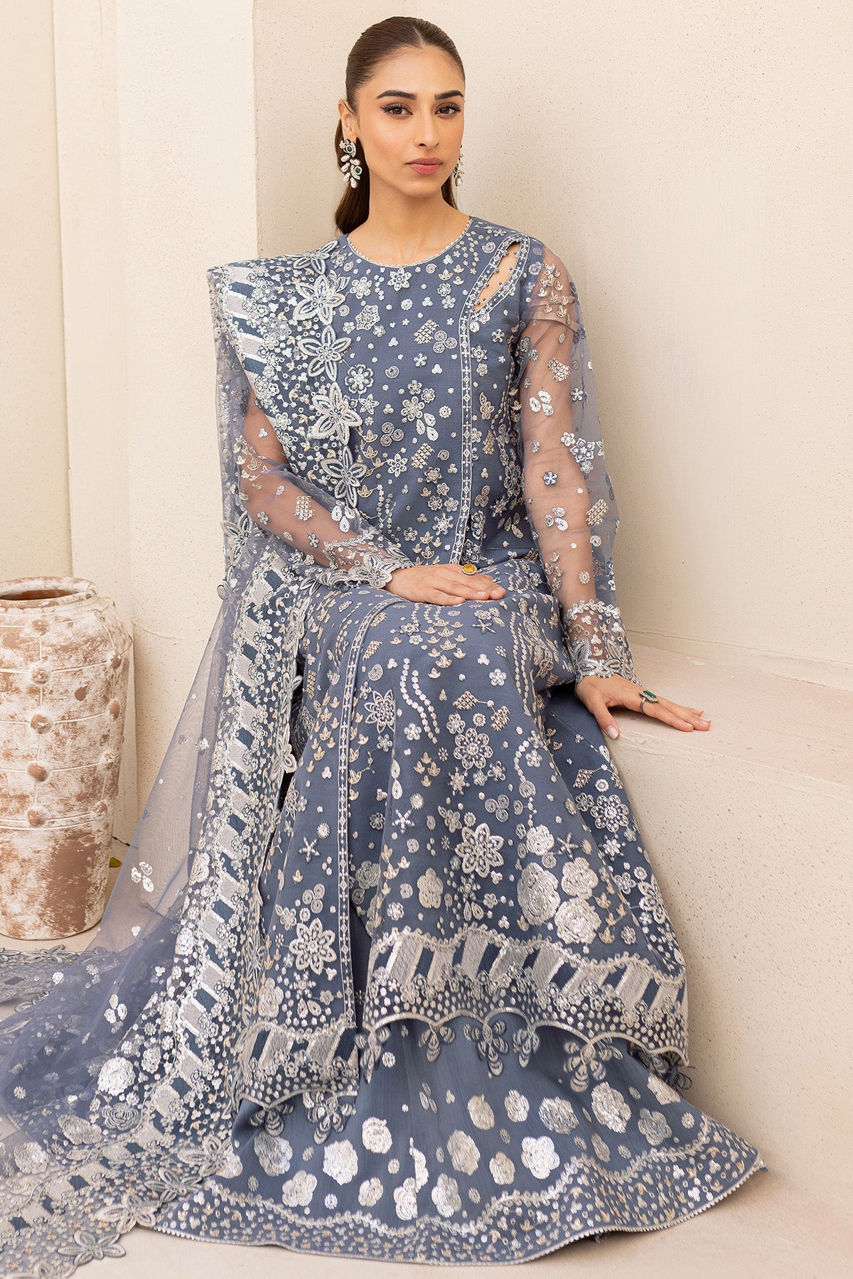 Dusky Shadow black embroidered formal wear by Farasha, available at Highway Fashion