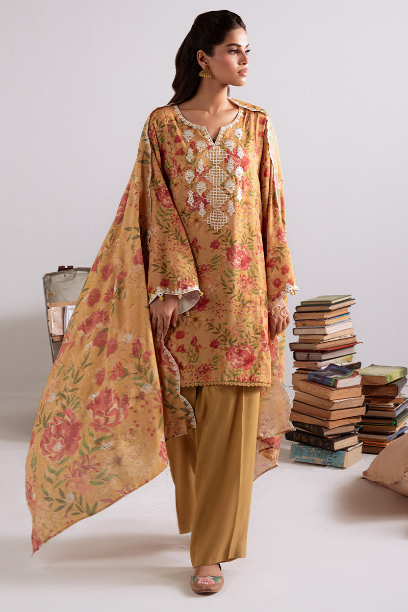 Khaddar & Linen'25 | Winter Collection | MUSTARD ORCHID-3PC LINEN PRINTED SUIT