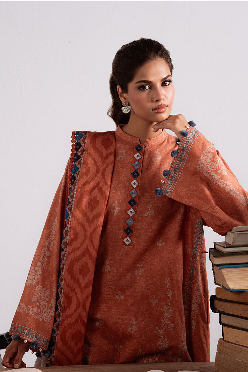 Amber Mirage — rust khaddar 3PC printed suit by Cross Stitch for timeless winter charm. 🍂