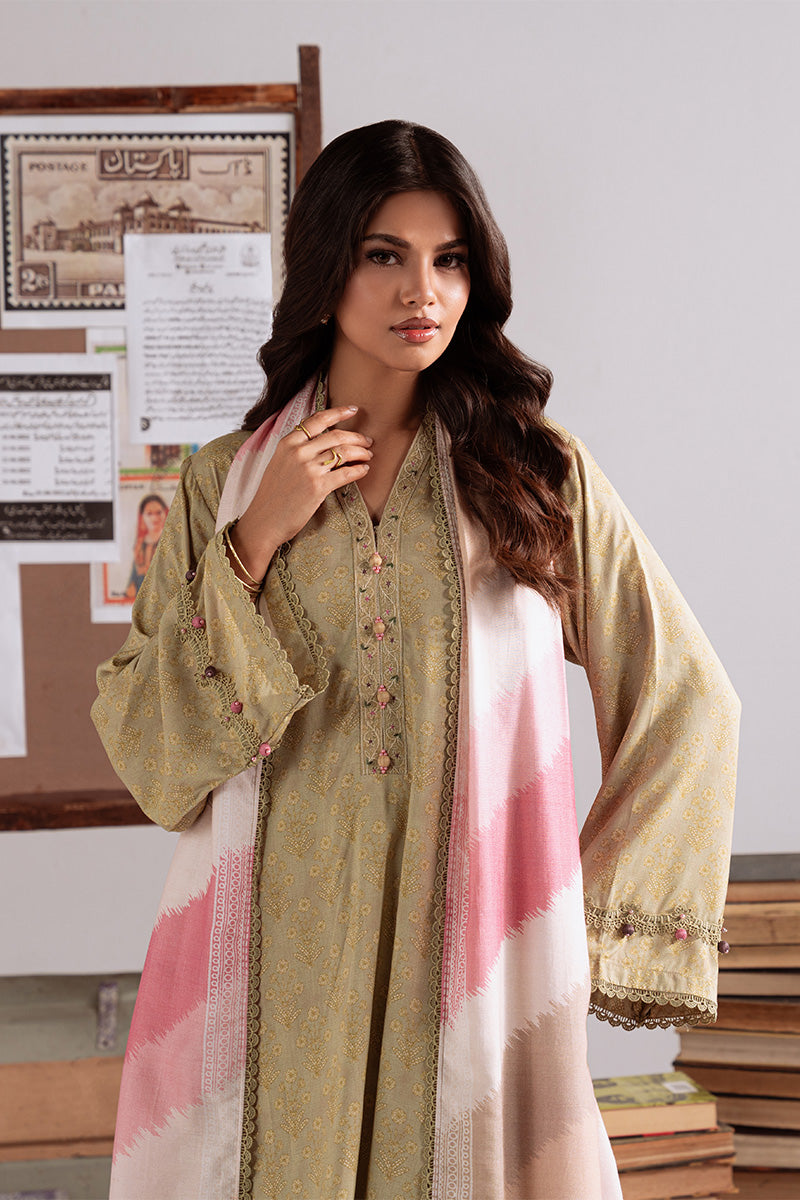 Sage Garland — green linen printed 3PC suit by Cross Stitch for winter chic. 🌿