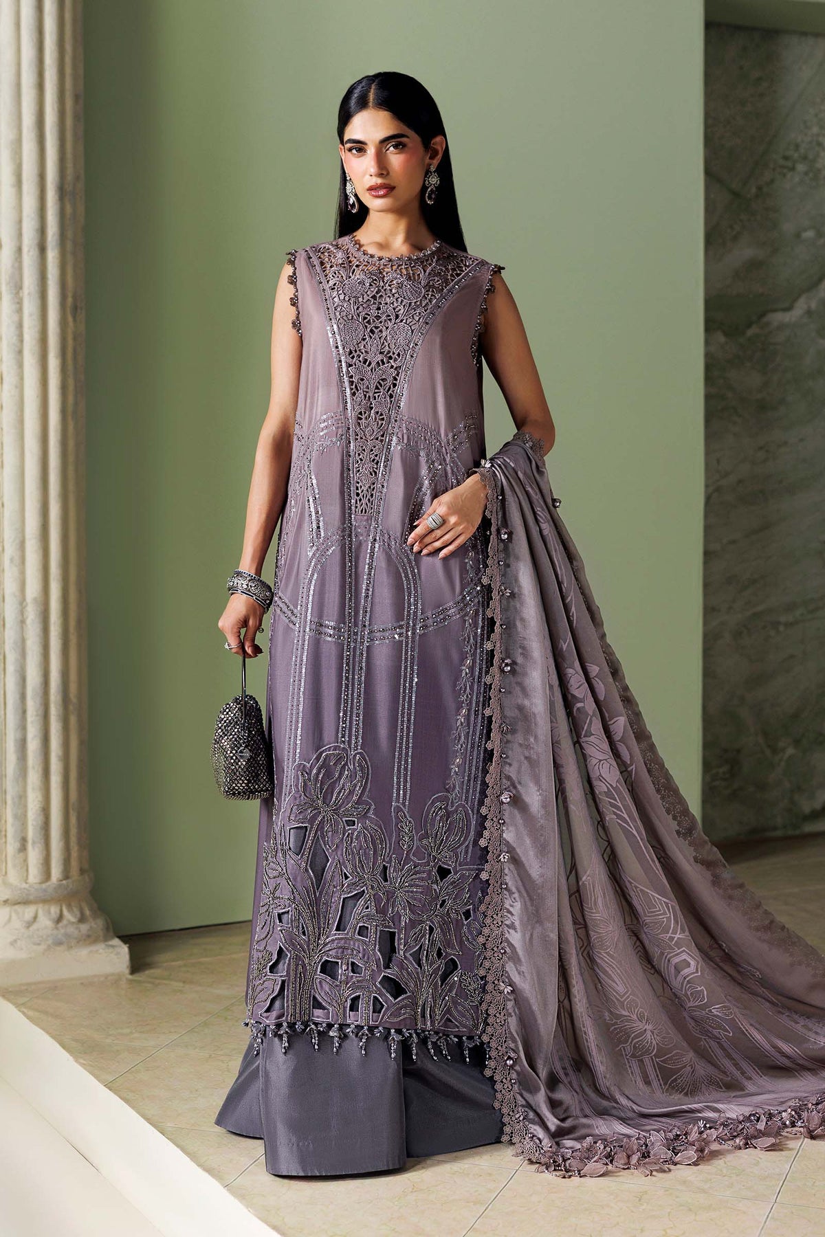 Soiree By Mariab - Embroidered Bell Raw Silk Suit - SR-01-04