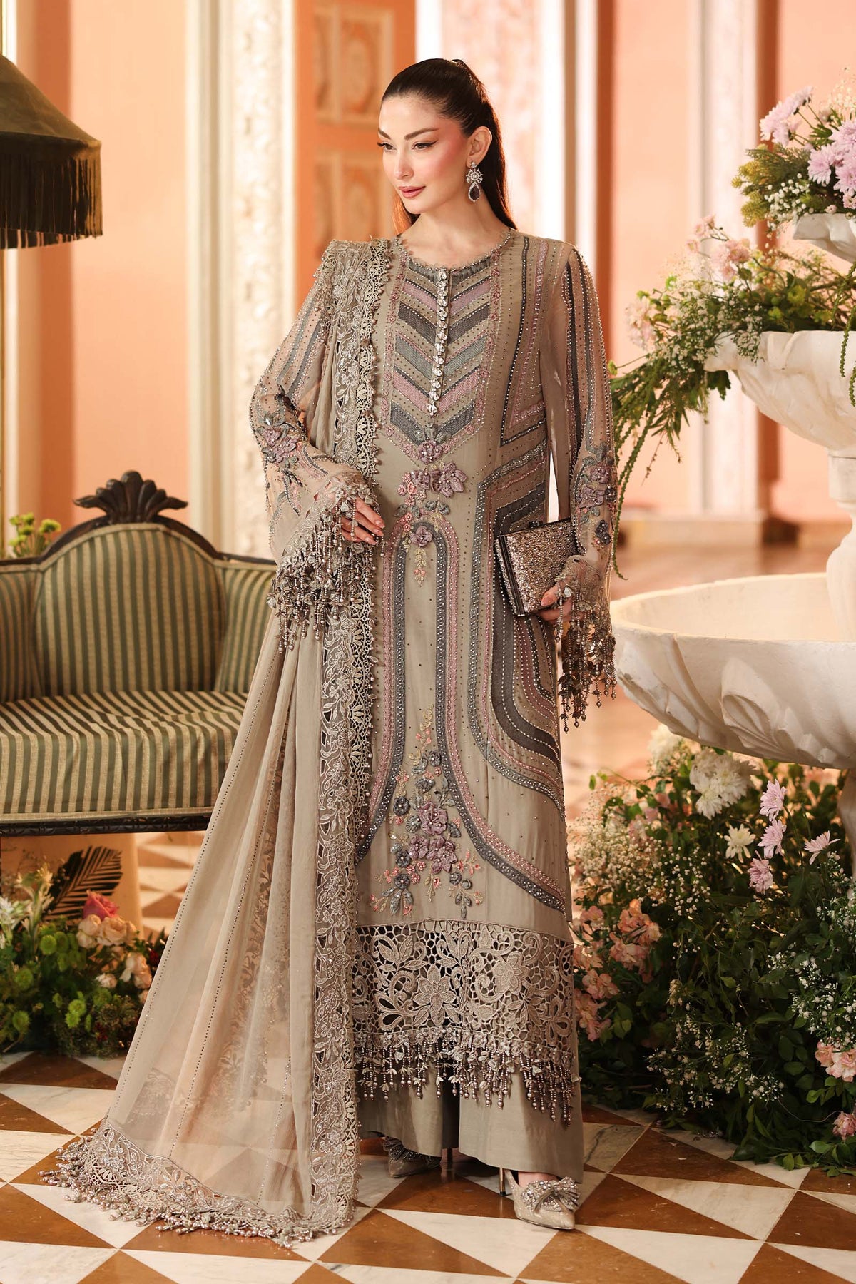 Maria B Chiffon | 3 Piece Embroidered Chiffon Suit MPC-26-201-Antique Grey
