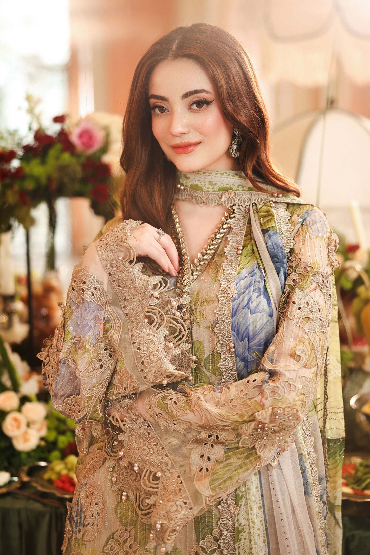 Maria B Chiffon | 3 Piece Embroidered Chiffon Suit MPC-26-203-Warm Beige