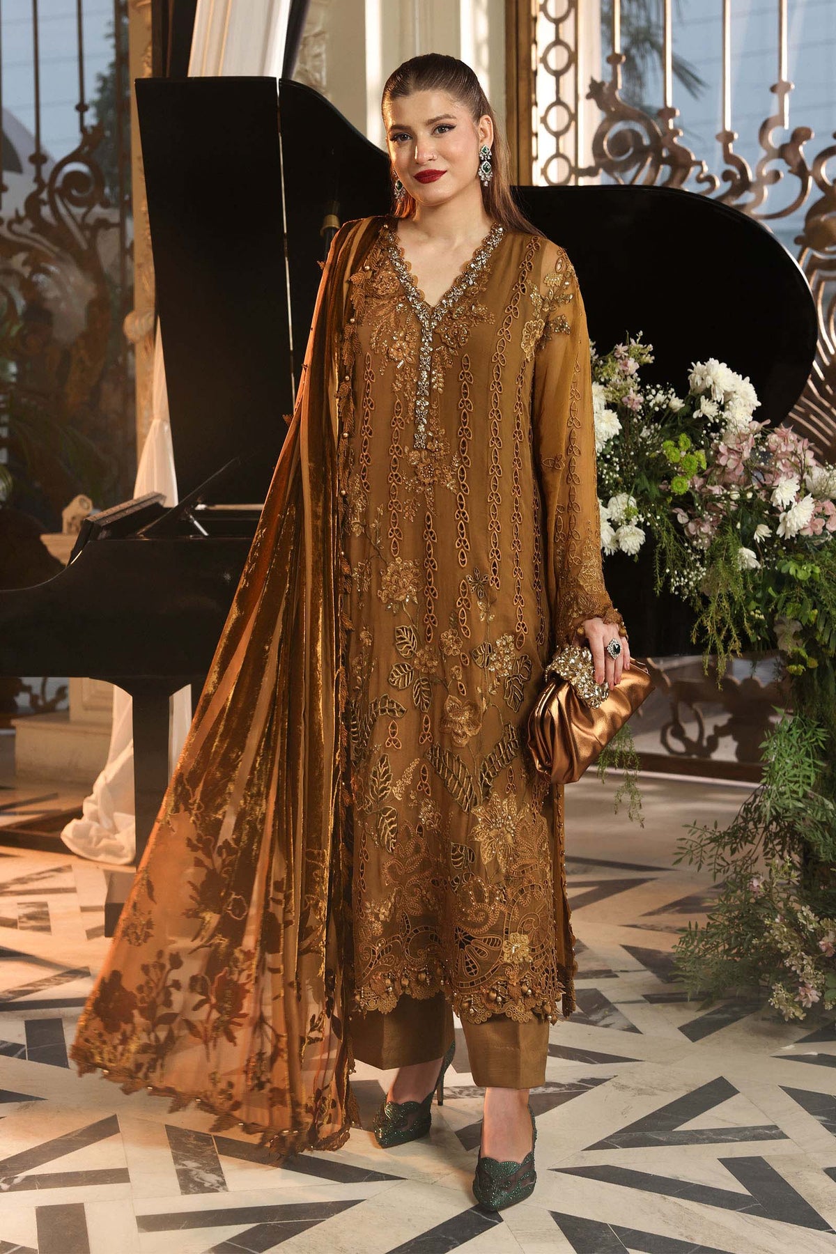 Maria B Chiffon | 3 Piece Embroidered Chiffon Suit MPC-26-205-Mustard