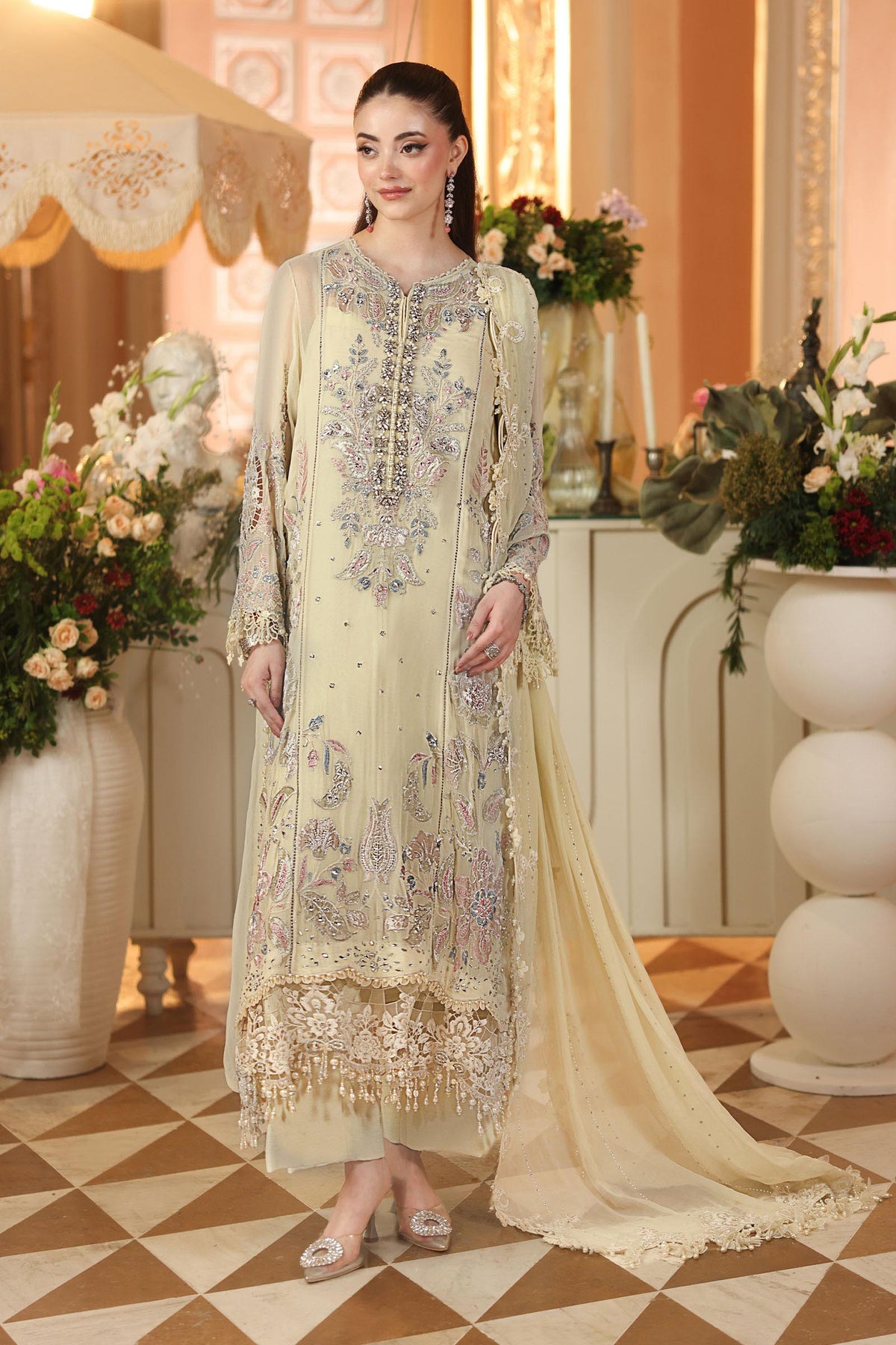 Maria B Chiffon | 3 Piece Embroidered Chiffon Suit MPC-26-208-Pastle Sunshine