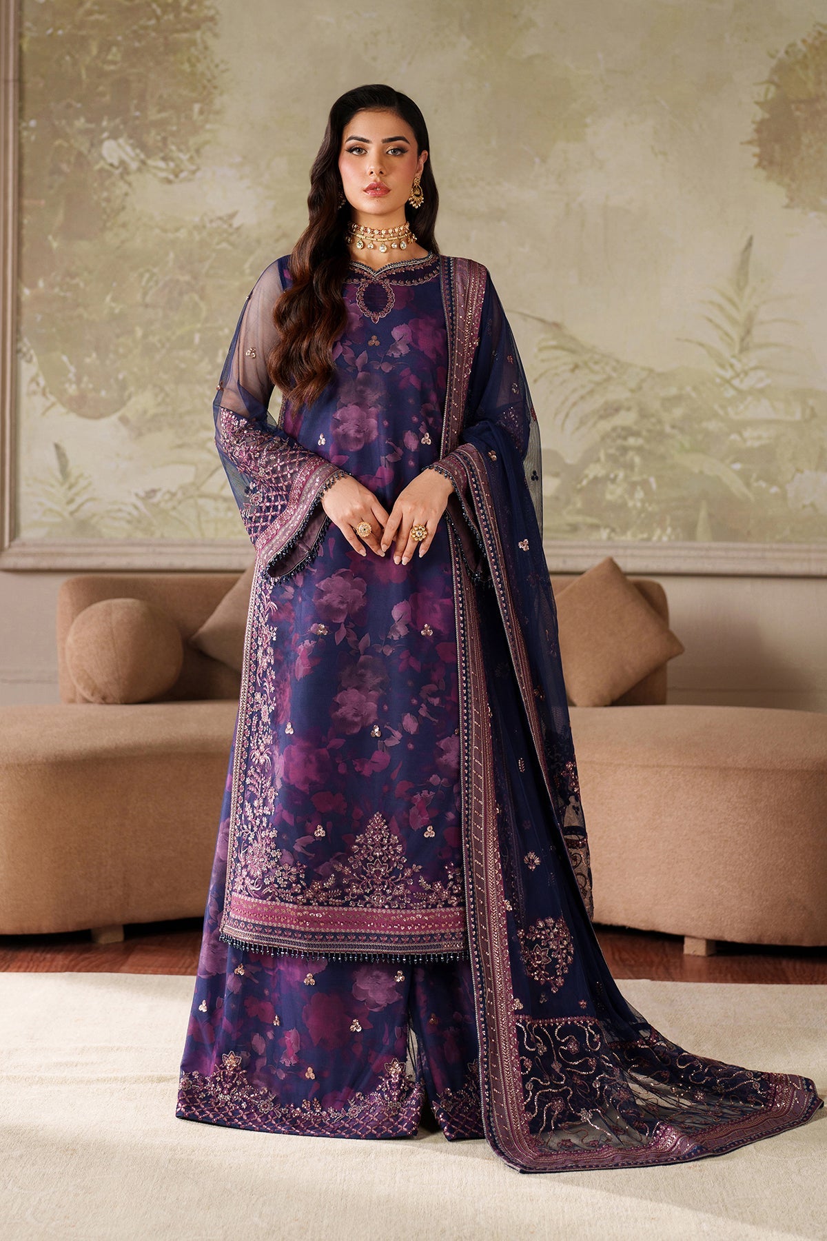 Zarif Zaneera Asra purple embroidered net sharara dress – front