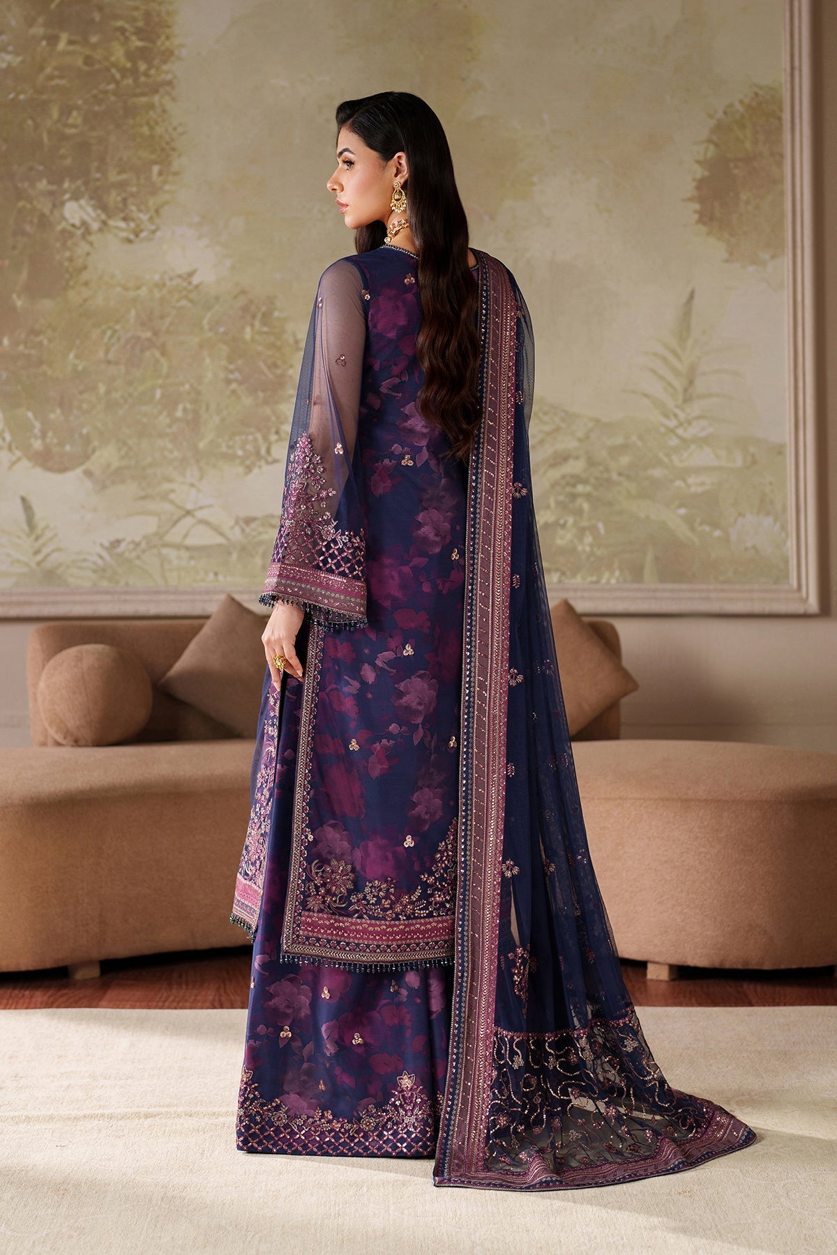 Zarif Zaneera Asra purple embroidered net sharara dress 