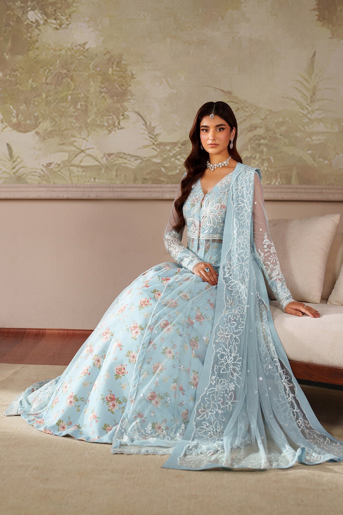 Sky blue Zarif Aroosh sequins embroidered net dupatta and lace details