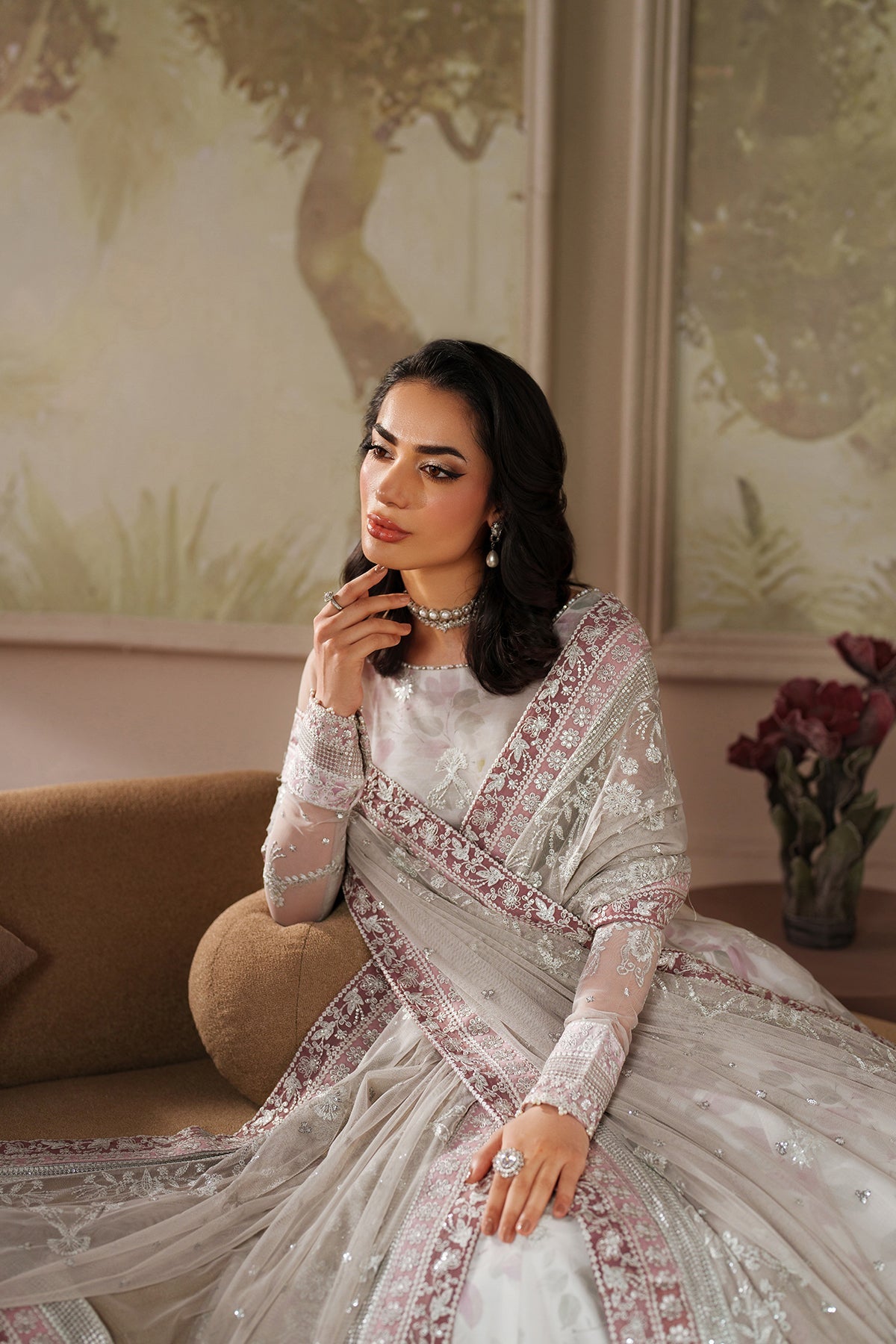 White Zarif Zaneera Anairah embroidered net shirt closeup