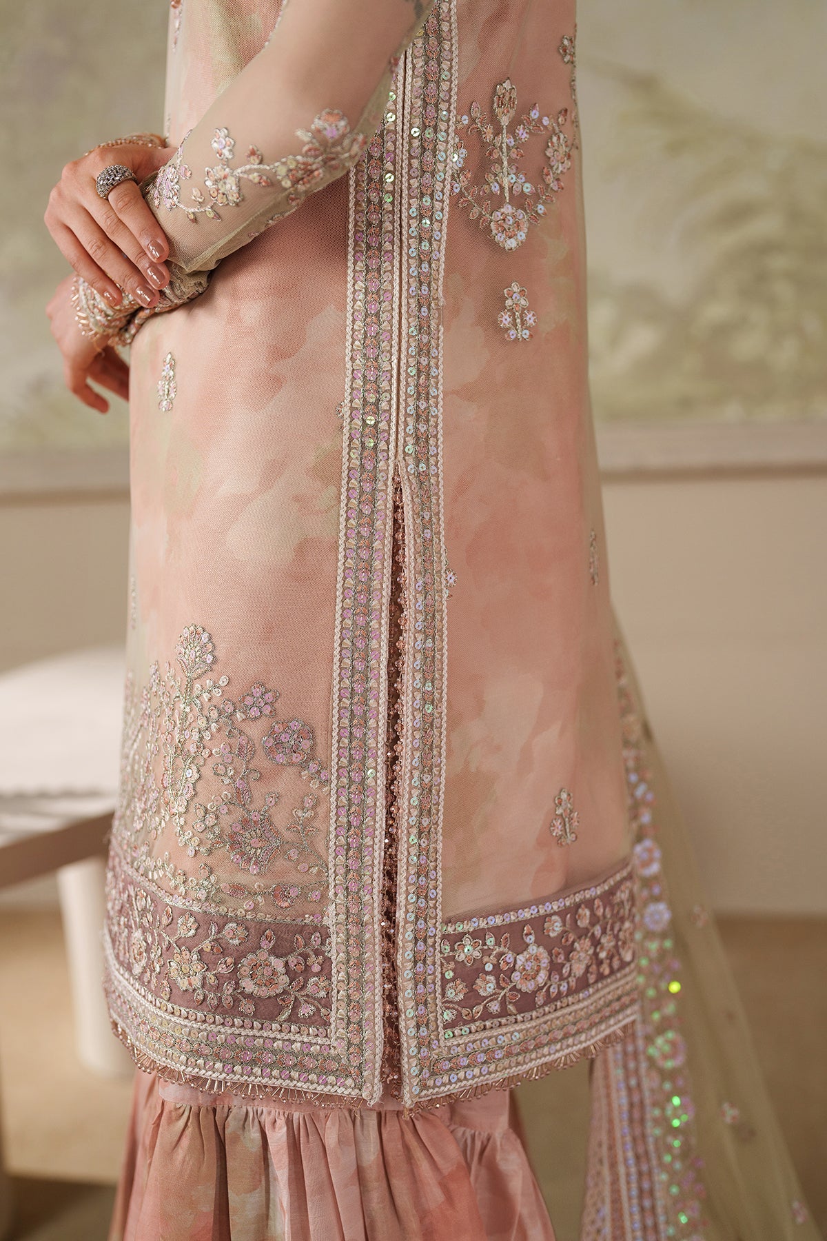 Zarif Seriyah embroidered neckline and raw silk inner closeup