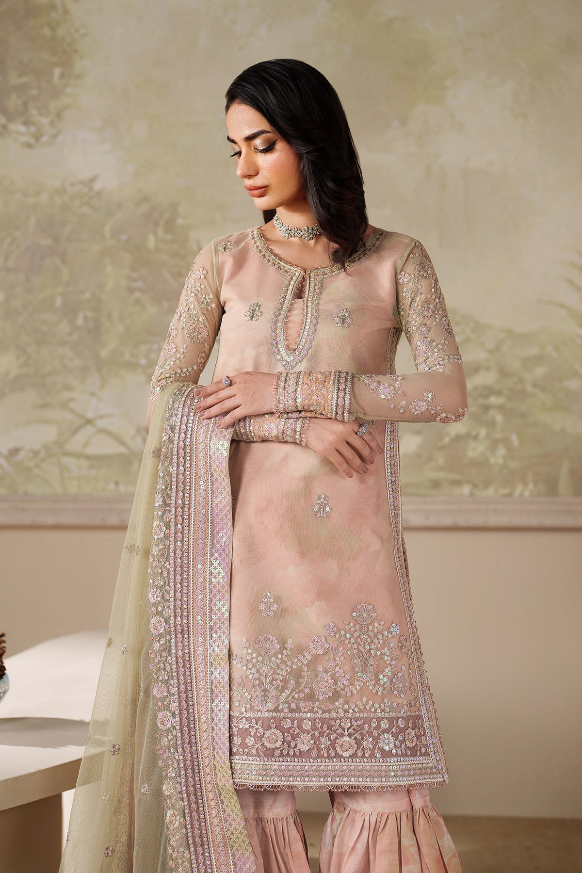 Zarif Seriyah skin net dupatta with tea pink lace detailing