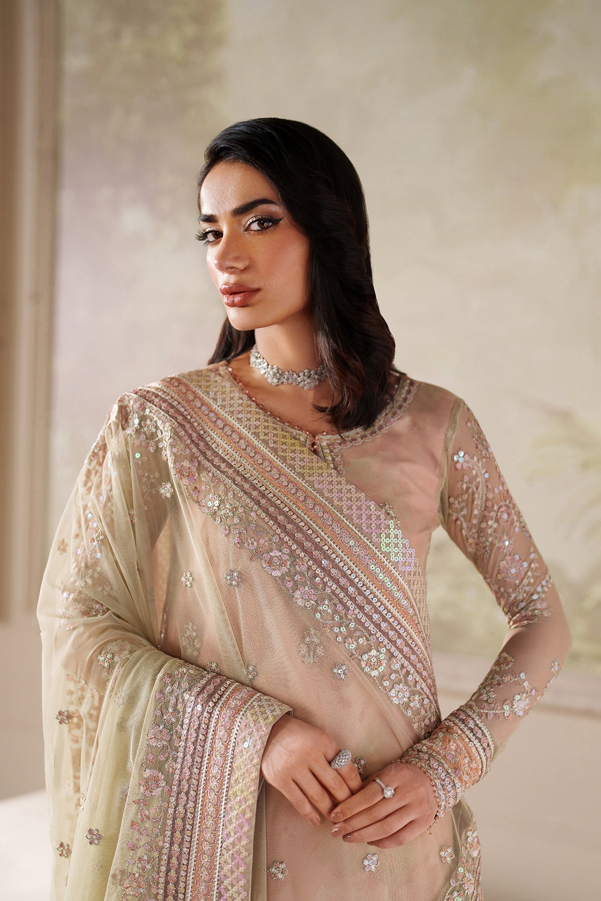 Zarif Seriyah skin net dupatta with tea pink lace detailing