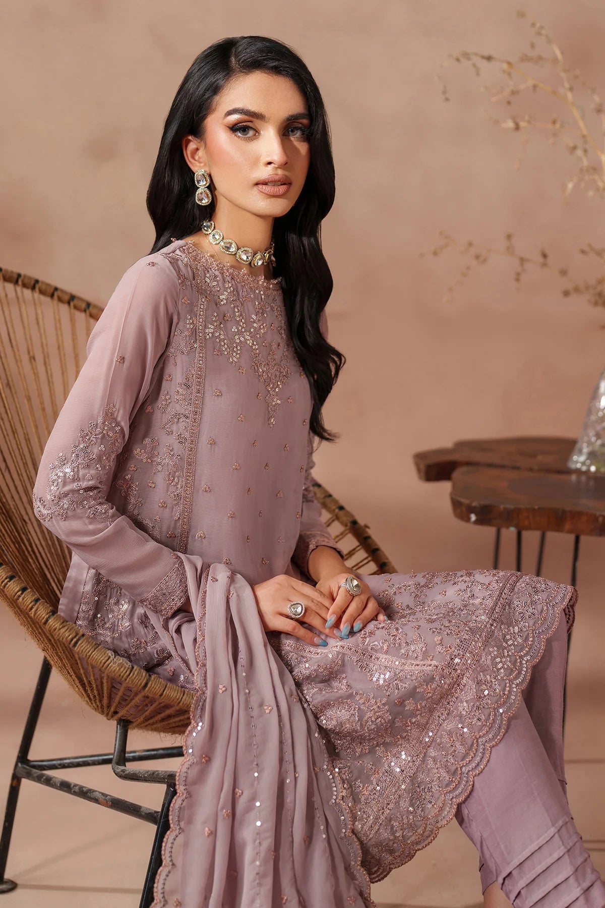 Detailed view of chiffon sleeves with sequin work