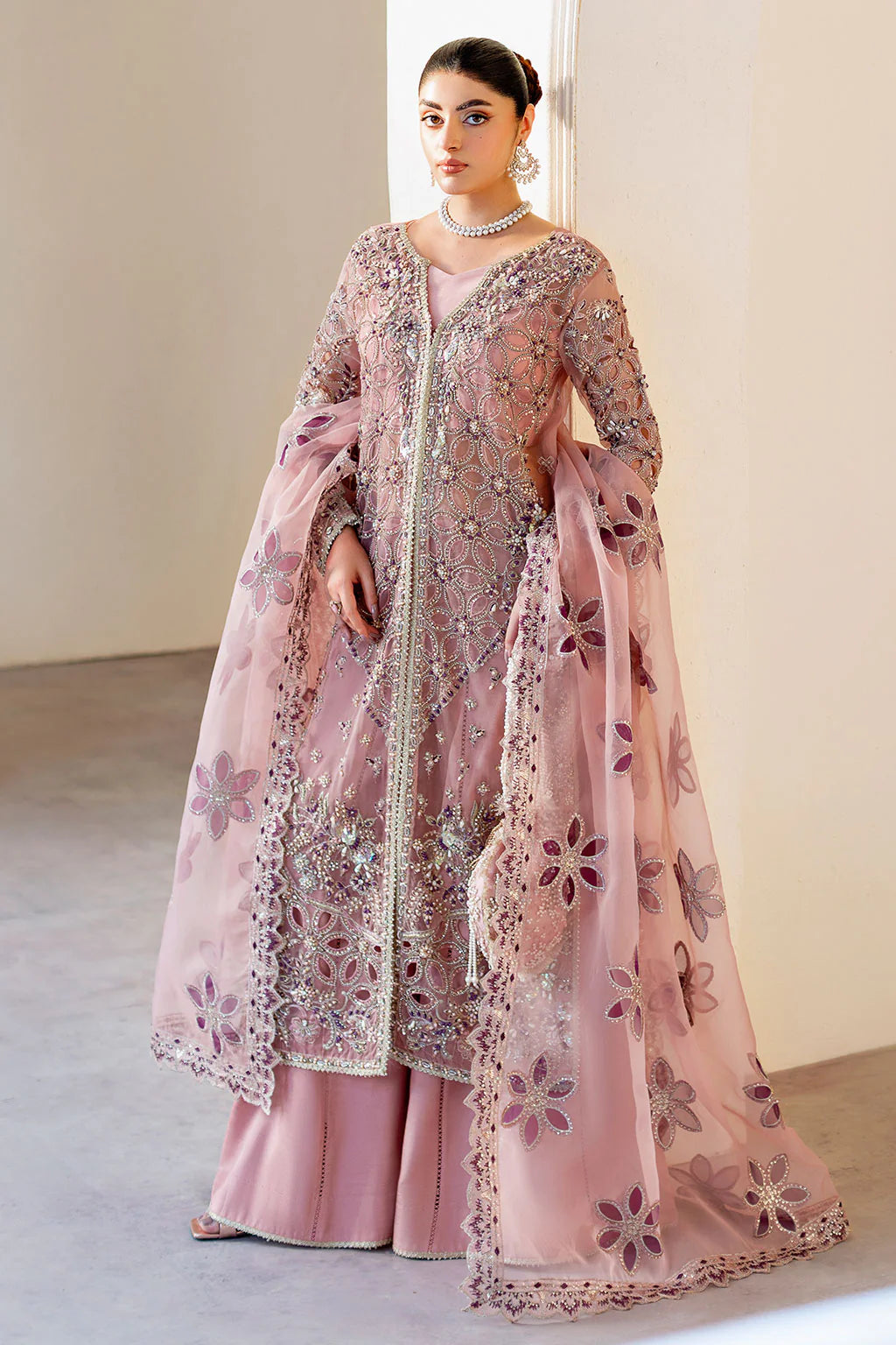 Detailed view of hand embellished organza sleeves of Ramsha H-501