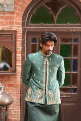 Detailed view showing pearls and diamante embellishments on sherwani