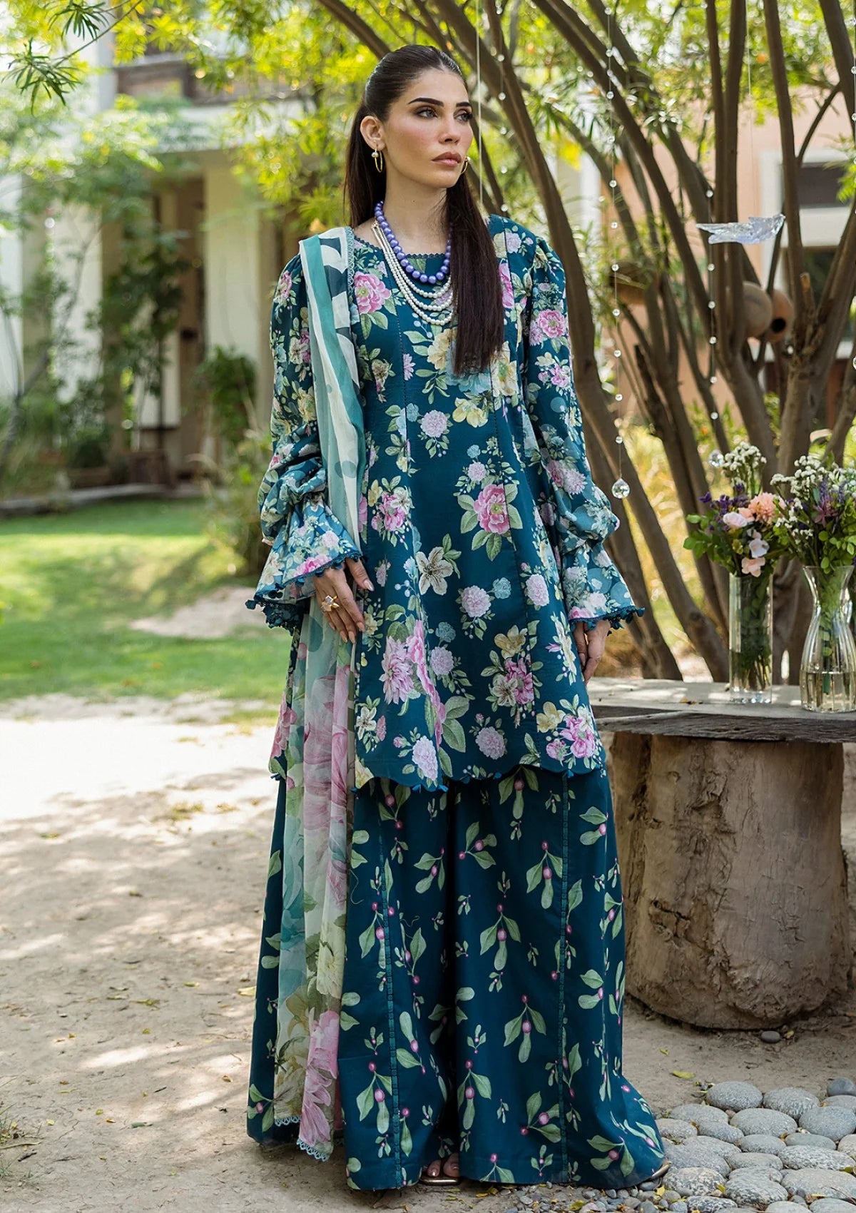 Digital printed lawn shirt front of Elaf ECD-1B AZURE FERN