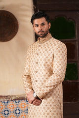 Display view of Mehr Raaj sherwani under wedding lighting


