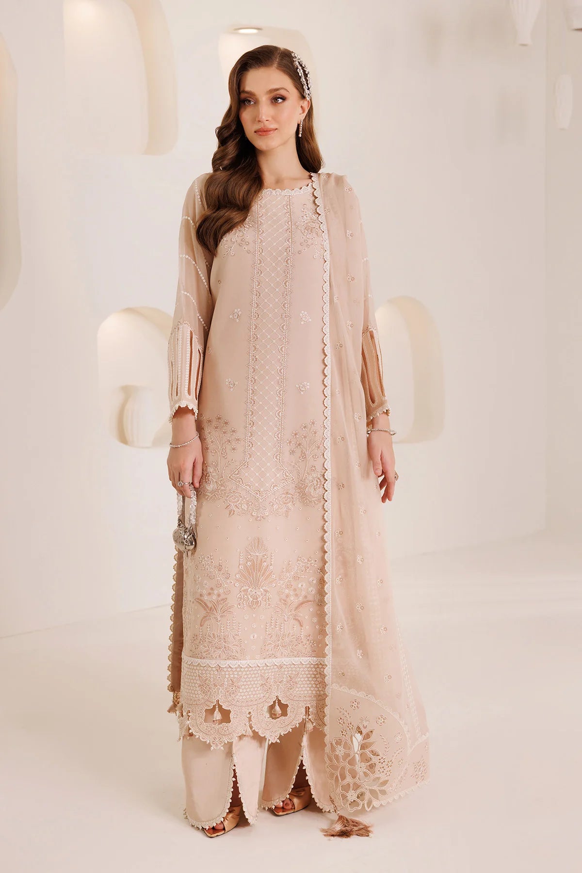 Embroidered chiffon front of Alizeh Ehal camel-toned shirt
