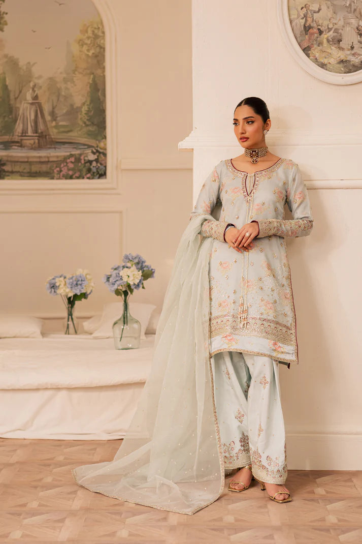 Embroidered neckline of Emaan Adeel ELAIN in organza