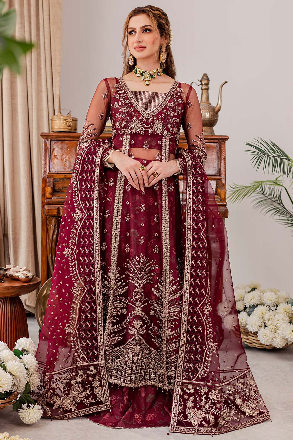 Farasha Valentina designer dress with embroidered net panels and bodice
