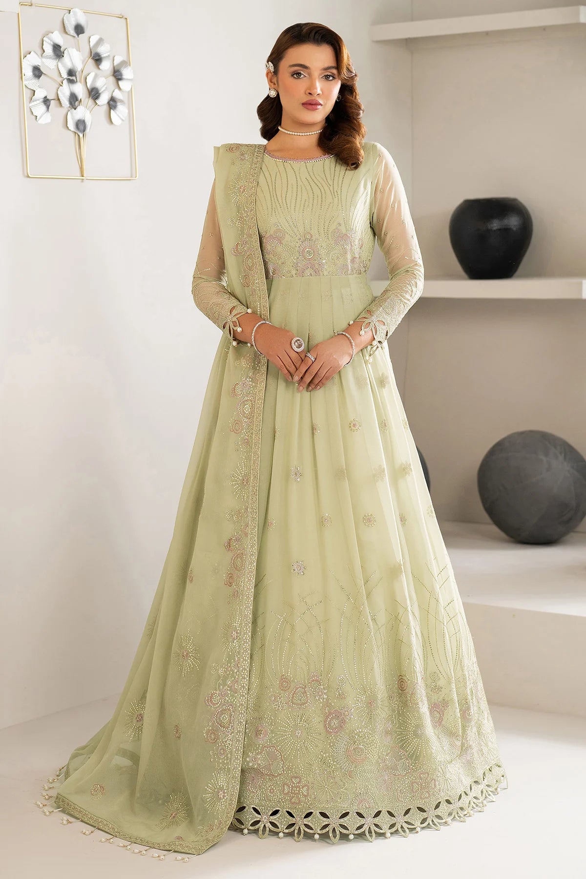 Front embroidered chiffon maxi of Alizeh Zenel in mint green