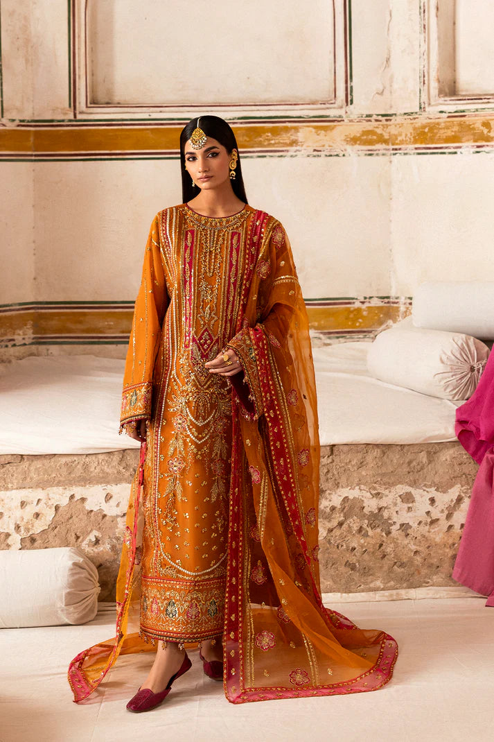 Front view of Emaan Adeel SOLMIRA dress with handmade embroidery