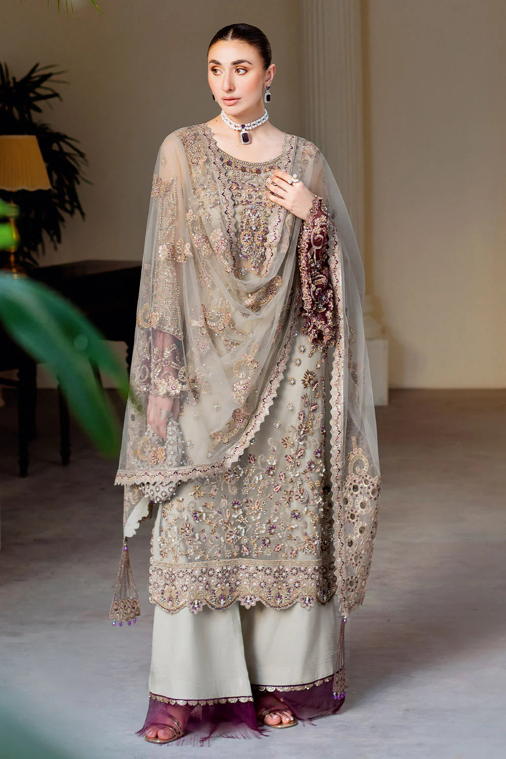 Front view of Ramsha H-502 with net embroidery and hand embellishments

