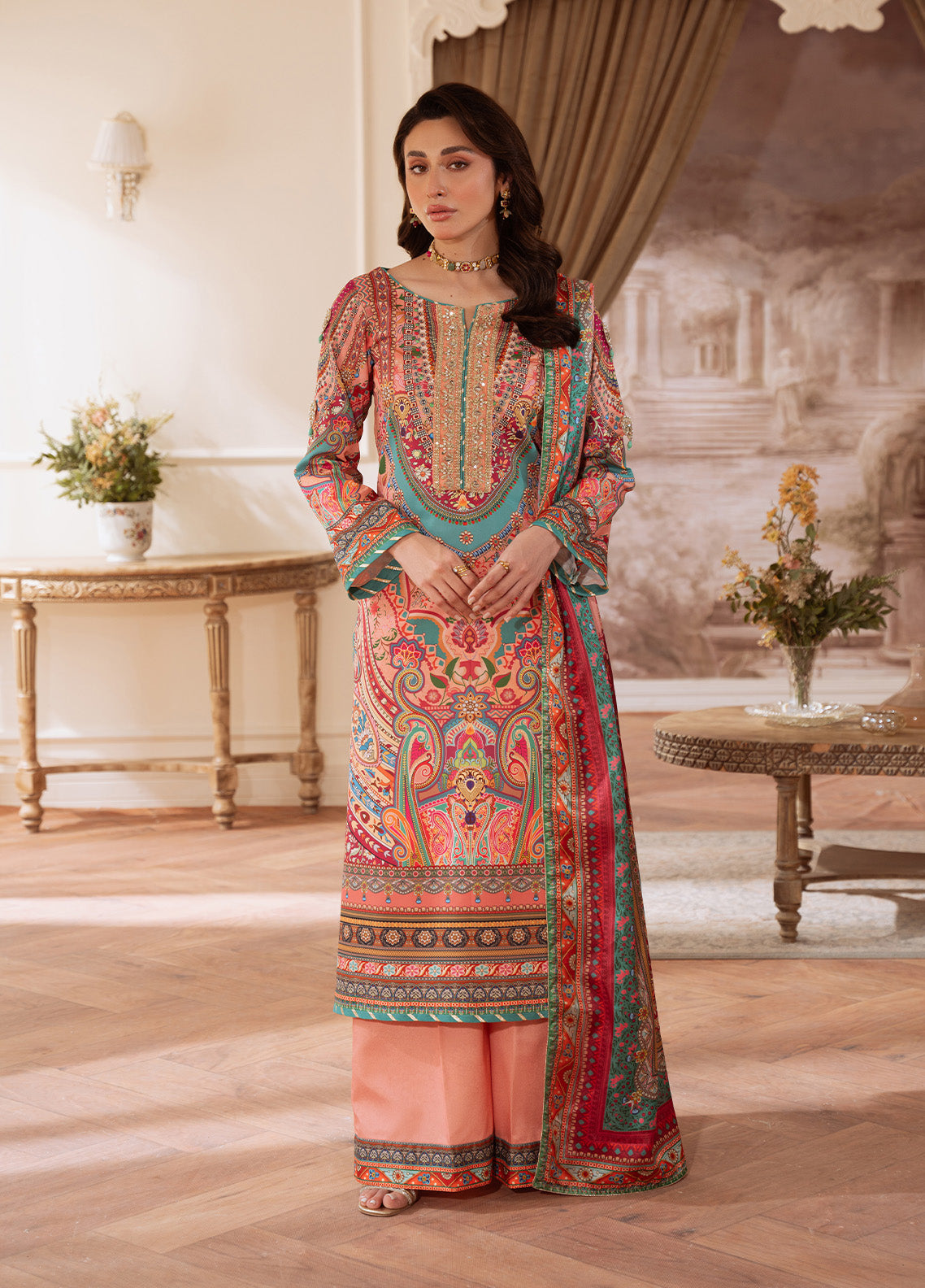 Gulaal | Velouré Printed Silk | Coral Éclat SKU:GS - 08